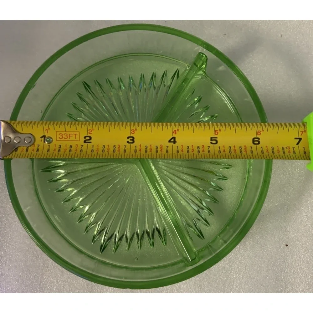 Uranium Glass 3 Compartment Relish Dish Green Depression Starburst UV Glow Vtg
